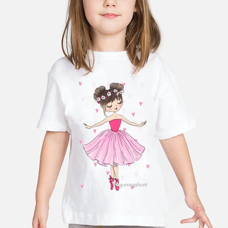 T-shirt pour filles, vêtement imprimé de danse de Ballet rose, Kawaii pour enfants, cadeau d'anniversaire, hauts pour filles, vêtements Harajuku