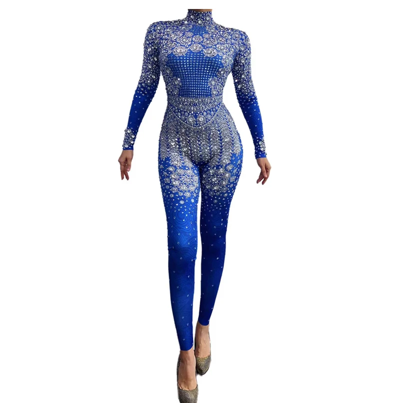 

Sparkly Blue Evening Jumpsuit Sequined Long Sleeve party Women Birthday Celebrate Outfit Bar Nightclub Dance Costume