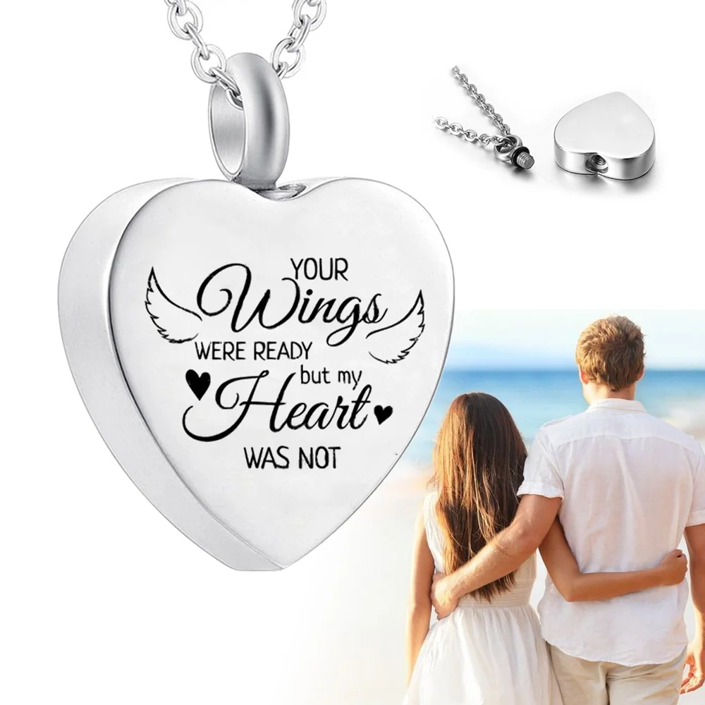 Angel Wings Heart Pendant Cremation Jewelry Urn Necklace Commemorate Human or Pet-your wings were ready but my heart was not