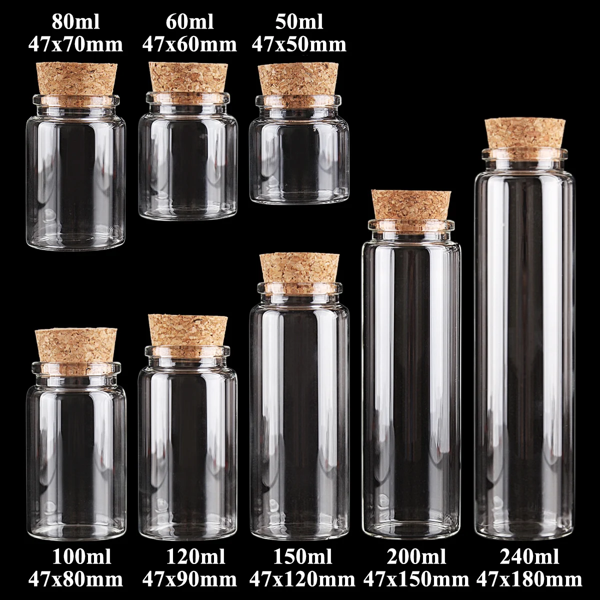 

12pcs Dia 47mm 50ml-60ml-80-100-120ml-150ml-200-240ml Glass Bottles with Cork Spice Candy Jars for Wedding Favors 8 Sizes U-pick