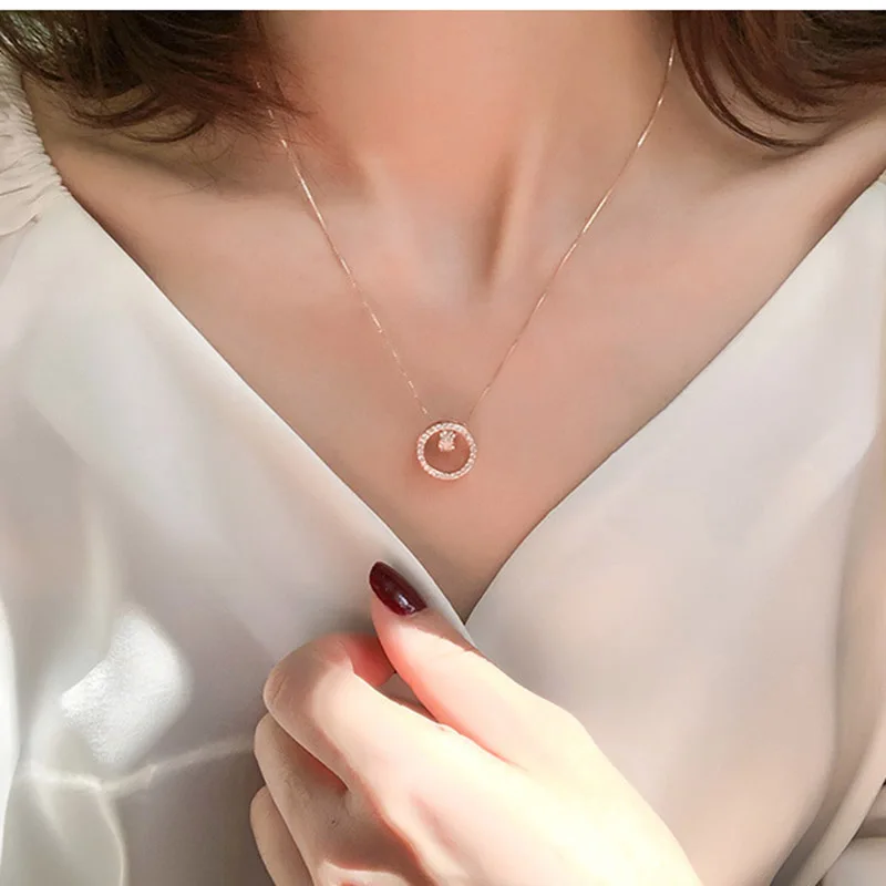 Hot Sale Geometric 925 Sterling Silver Necklace Shiny Round Inlaid Zircon Pendant Clavicle Chain Party Gift Girl SNK021