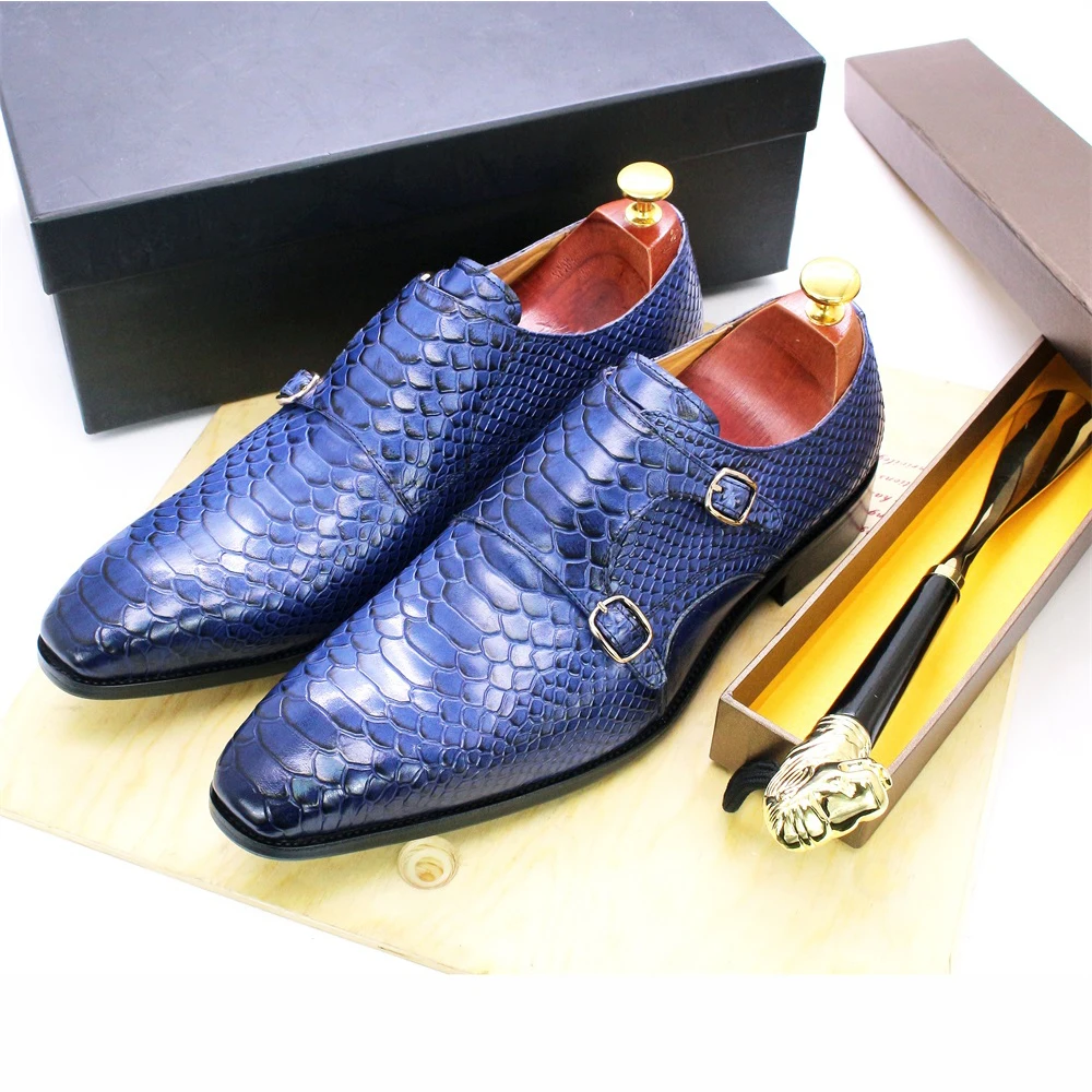 Modische Herren-Lederschuhe mit Schlangenhaut-Aufdruck, klassische Schnürung, Oxford, formell in Wein, Blau, Kaffee, Schwarz – spitze Zehenpartie – Detail 39