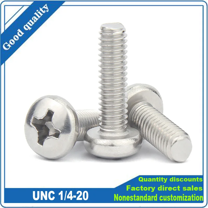 10pcs 1/4-20UNC US Coarse Standard Thread 304 A2-70 Stainless Steel Cross Recess Round Phillips Pan Head Screw Bolt L=5/16-3inch