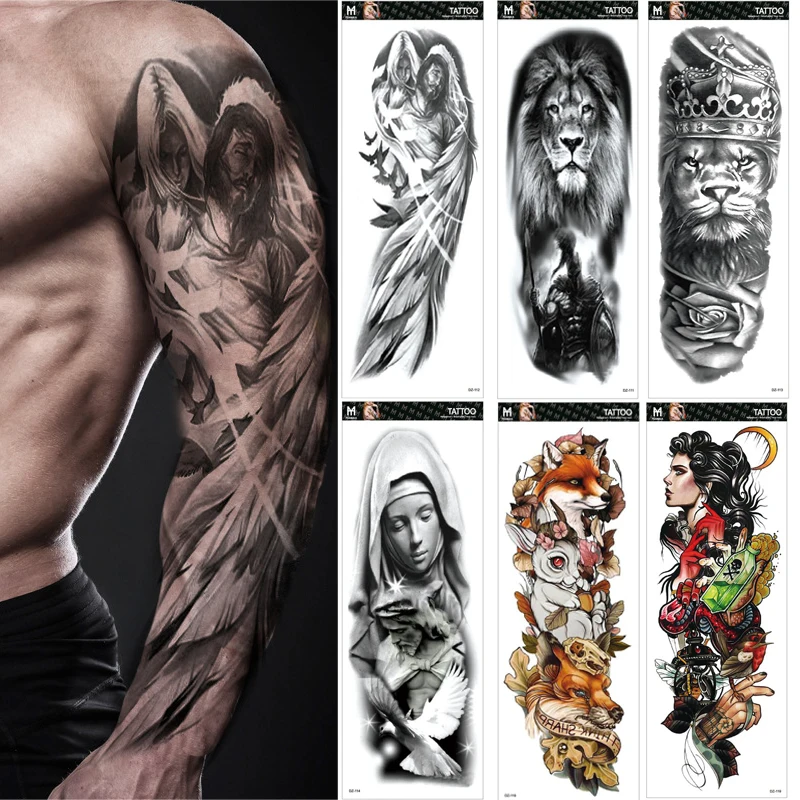 

Large Arm Sleeve Tattoo Angel Wings Pigeon Jesus Waterproof Temporary Tattoo Sticker Holy Holiness Men Full Skull Totem Tattoo