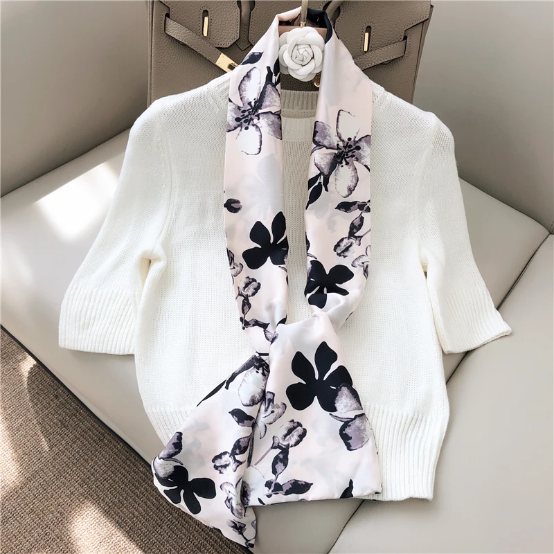 New Japanese Scarf Narrow Long Small Women's Silk Scarves Elegant Double Printed Neckerchief For Women Professional Femme Gift