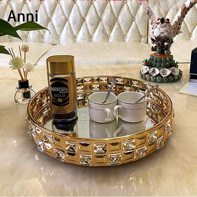 Inlaid Crystal Glass Mirror Trays Decorative European Modern Golden Wine Set Teacup Storage Tray Wedding Decoration Ornaments