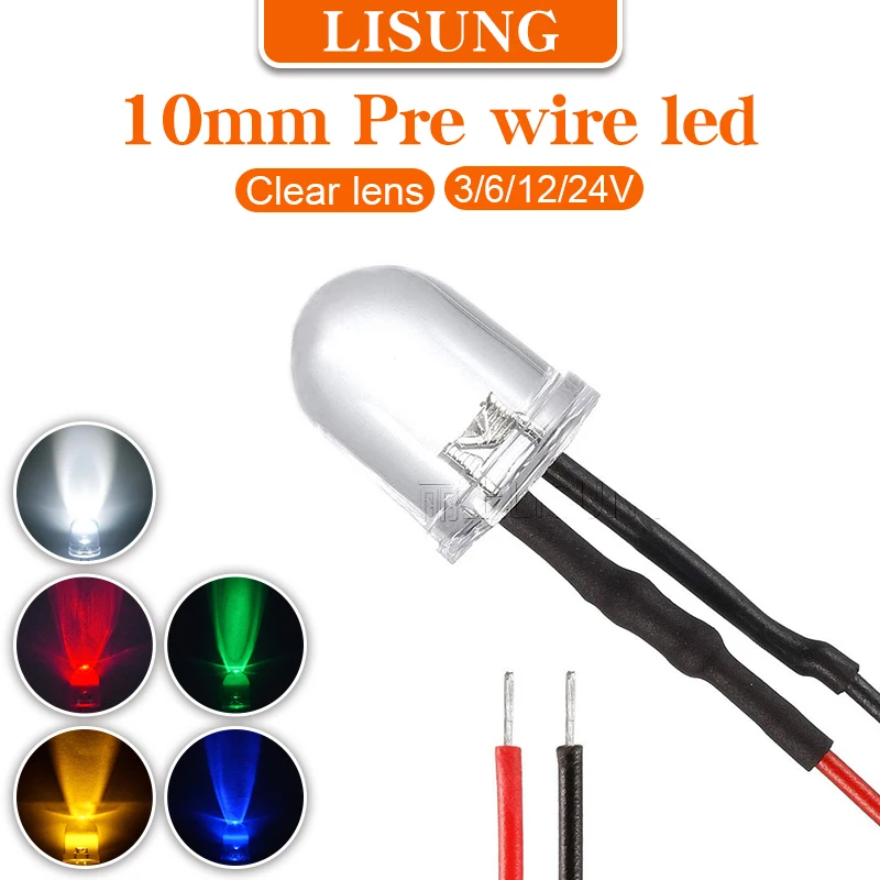 3v 6v 12v 24v 220v Single Pre Wire 10mm Led Light Red White Blue Yellow Lamp Diodes Led Prewired Wired Emitting Diode With Lead