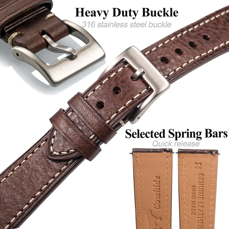 HEMSUT Italy Genuine Cow Leather Watch Band For Man Vintage Soft Wrap Handmade Leather Watch Straps Quick Release  22mm18mm20mm