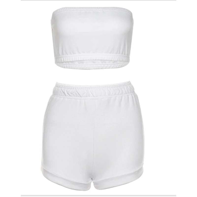Women Summer 2 Pieces Romper Outfits Strapless Bandeau Tube Crop Top Drawstring Waist Shorts Set Solid Color Tracksuit