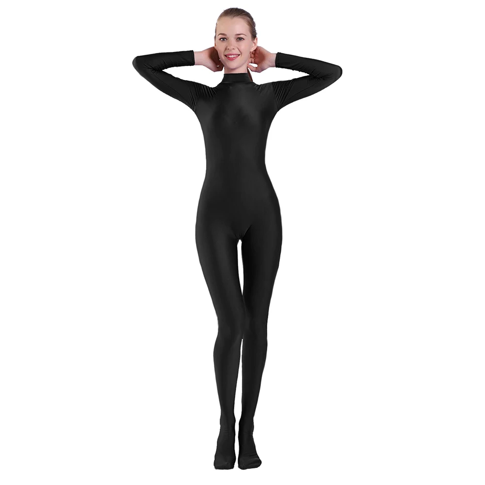 AOYLISEY donna manica lunga collo a lupetto con piedi Unitard Plus Size tute Spandex per uomo danza Hollween Zentai costumi Cosplay