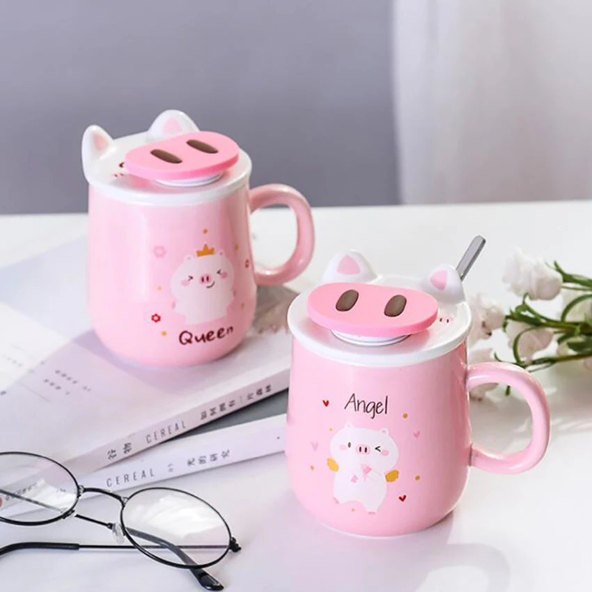 Pink Piggy Ceramic Coffee Mug 400ml Cute Tea Mugs with Matching Lid, Phone Holder Bracket Drinking Cup Great Birthday Present