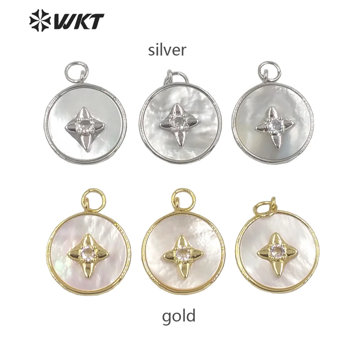 WT-JP287 Shiny Zircon with Four leaf Flower Circular Gold Plate Silver Plated Mother of Pearl Pendant Jewelry Necklaces Earring