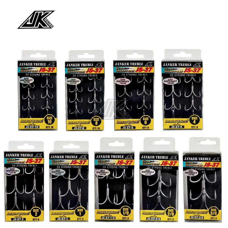 JK JS-37 Triple Fishing Gray Color 3X Strong Treble Hooks super antirust Fishhook Fishing Tee Hook#10~#1.1/0 2/0 3/0 Seafishing