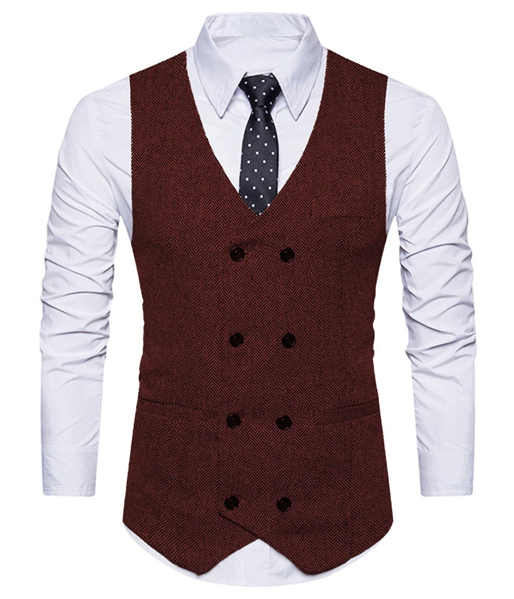 Mens Suit Vest V Neck Herringbone Slim Fit Formal Green/Black/Brown Business Double-breasted Waistcoat Groomman For Wedding Vest