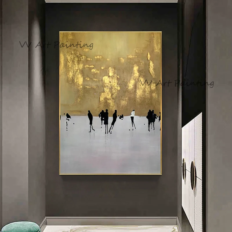 Hand Painted City Silhouette Canvas Wall Art, Handmade Grey Urban Figure Painting, Frameless Abstract Picture for Entryway Decor