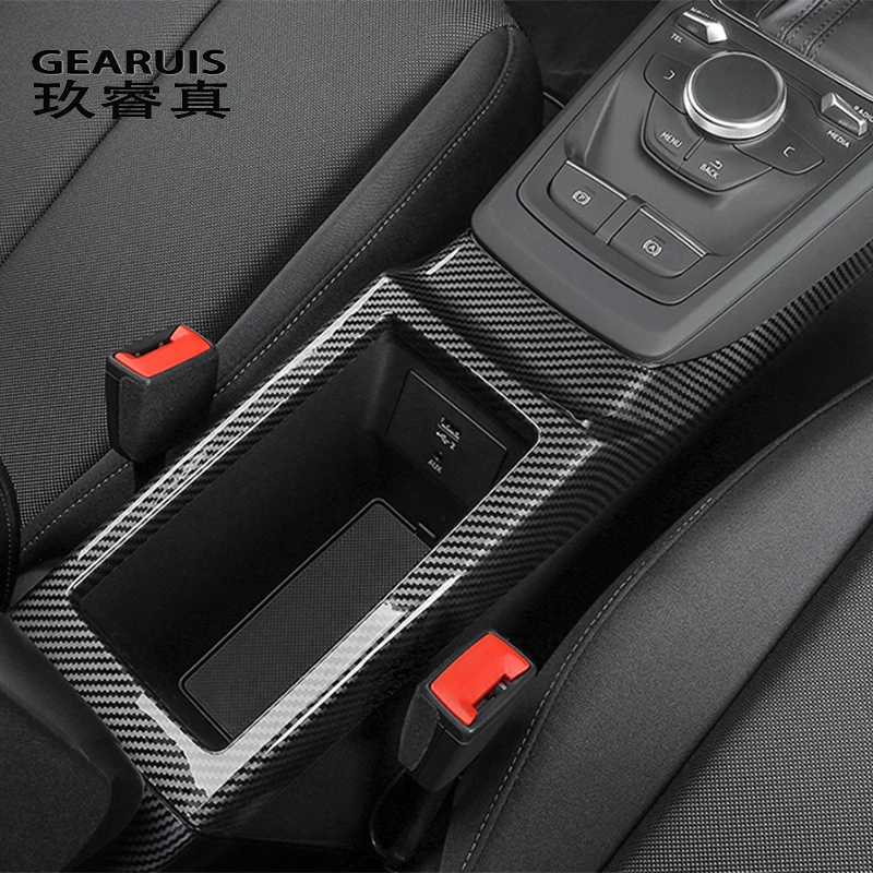 Car Styling For Audi Q2 Q2L Carbon Fiber Center Console Gear Shift Cover Sticker Trim Multimedia Handrest panel Frame Decoration