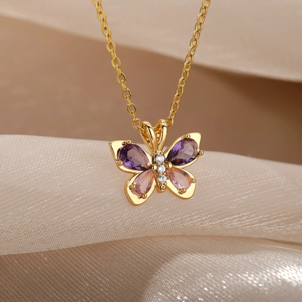 Cute Purple Butterfly Pendant Necklace For Women Stainless Steel Crystal Butterfly Chain Necklace Choker Jewelry Gift Collier