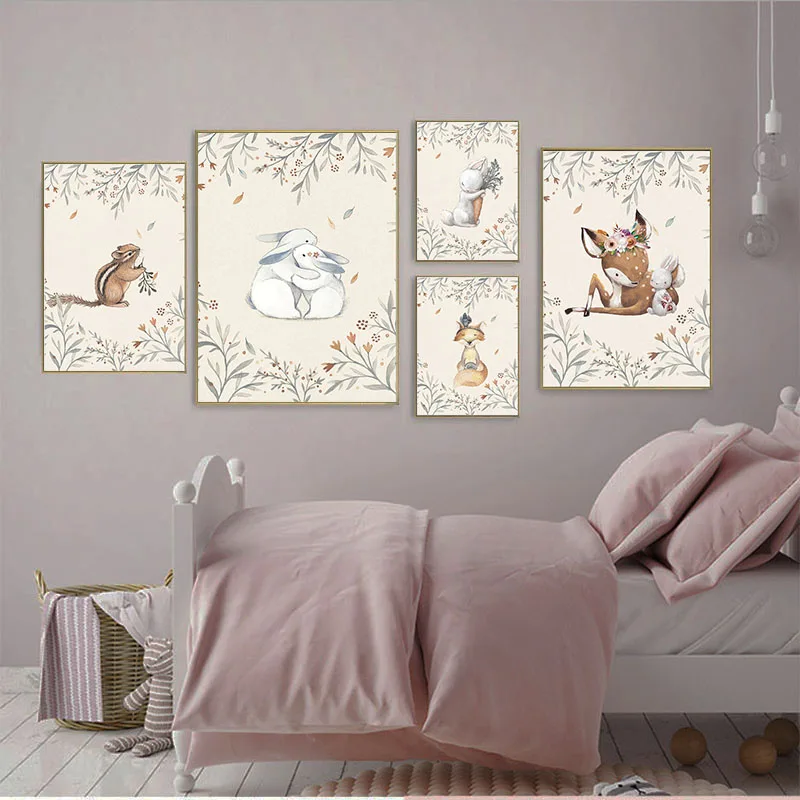 Forest Small Animals Home Decor Canvas Painting Rabbit Squirrel Children Room Decor Posters and Prints Deer Cute Poster Cuadros