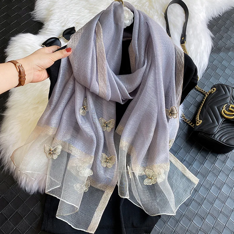 2024 Real Winter Hijab Winter New Silk Wool Scarves Women Fashion Embroidery Butterfly Beads Warm Long Shawl Solid Color Scarf