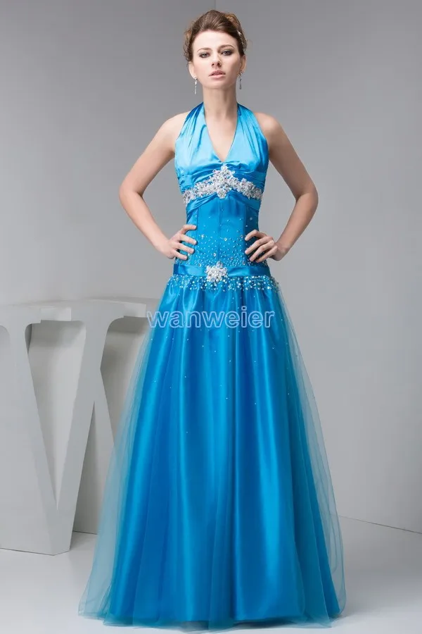 2018 new design gown brides maid hot sale blue appliques beading beach halter Custom size evening mother of the bride dresses