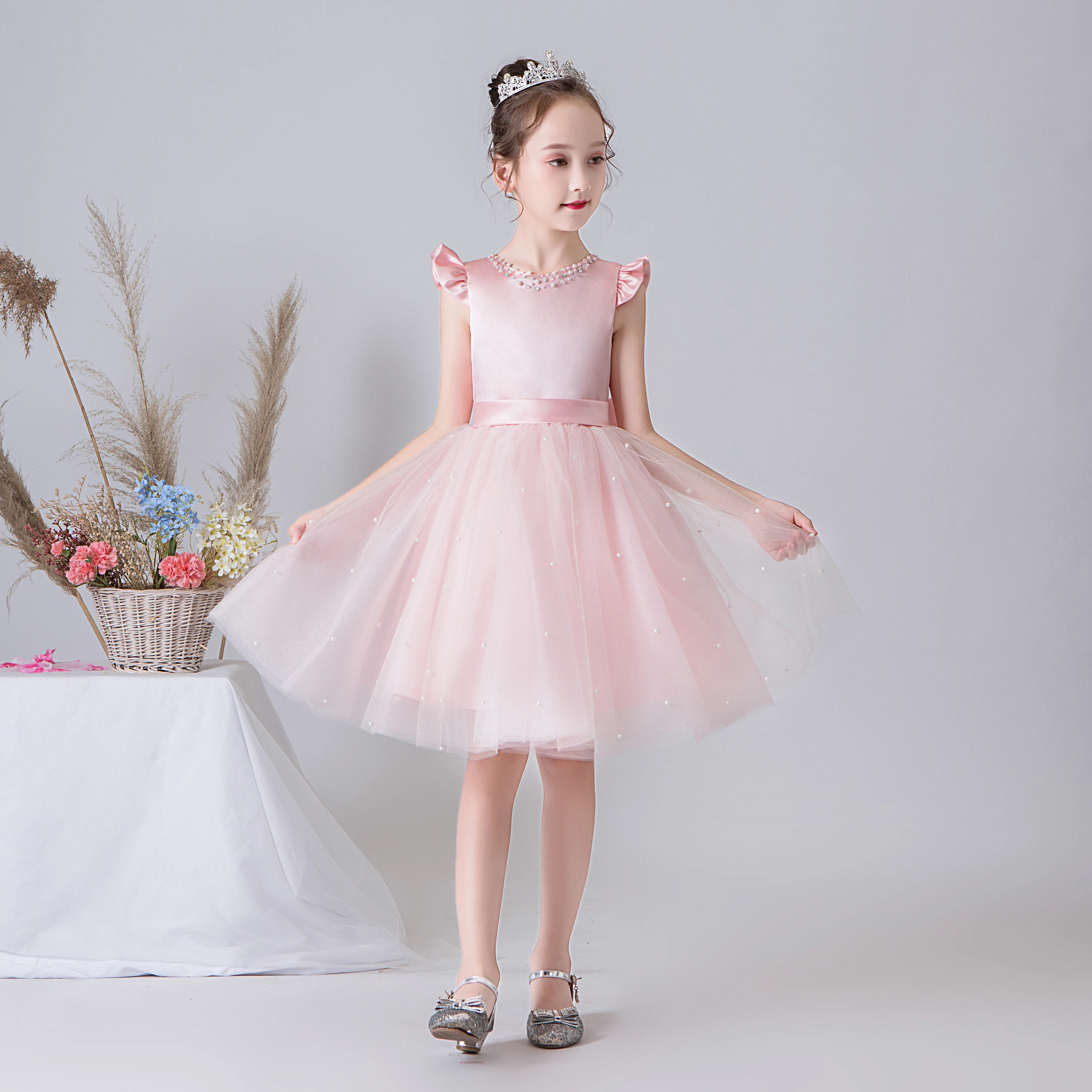 Kid Girls Formal Princess Dress Short Pageant Gowns Pink Satin Tulle Cute Flower Girl Dresses For Wedding Birthday Party Gowns