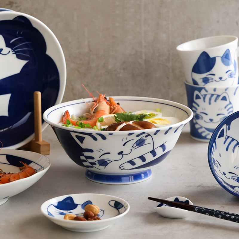 Cute Cat Ceramic Plate, Japanese Style Dinner Plates, Blue and White Porcelain Bowls, Household Creative Dishes