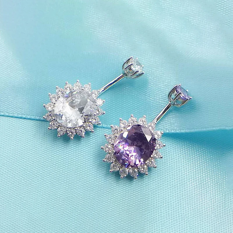 

925 Sterling Silver White Purple Zircon Sun Flower Sunflower Belly Piercing Button Men Women Rings Navel Body Jewelry 1.5 MM