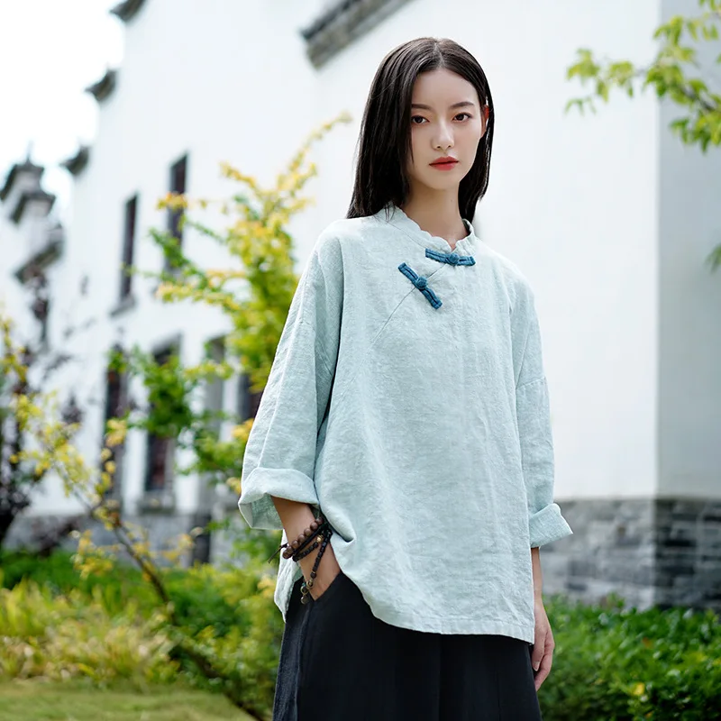 Shanghai Story Chinese Blouse Long Sleeve Shirts Tops Cotton Linen Chinese Qipao Frogs Casual Shirt 3 Color