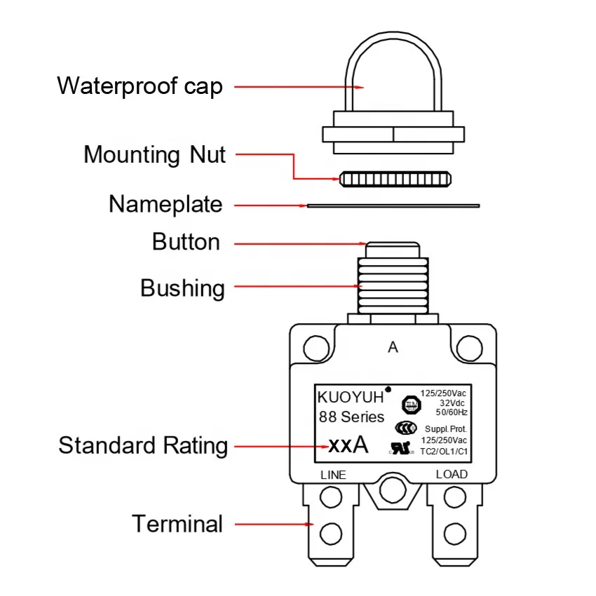 KUOYUH 88 series 11A manual reset motor pump thermal overload switch protector circuit breaker for power strips