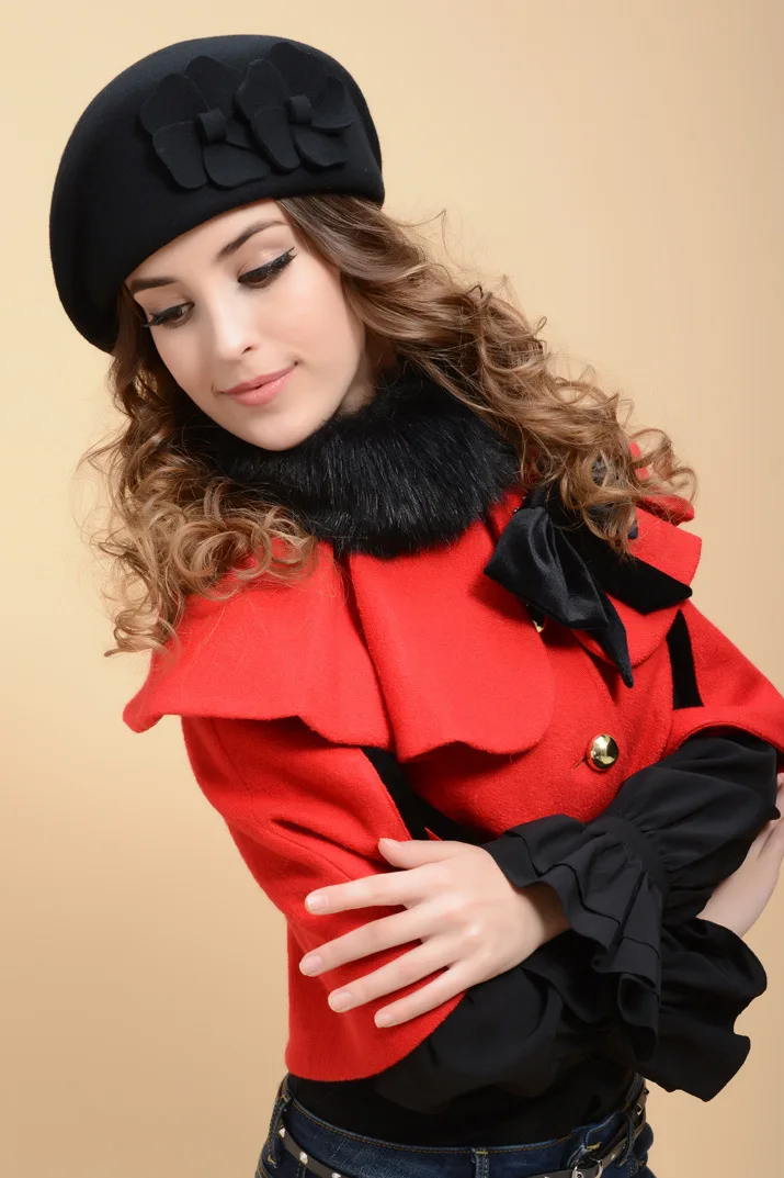 Fashion Women Flowers Cashmere Berets Female Bonnet Caps Winter women\'s hats High quality wool Beret Lady Painter Hats Lady