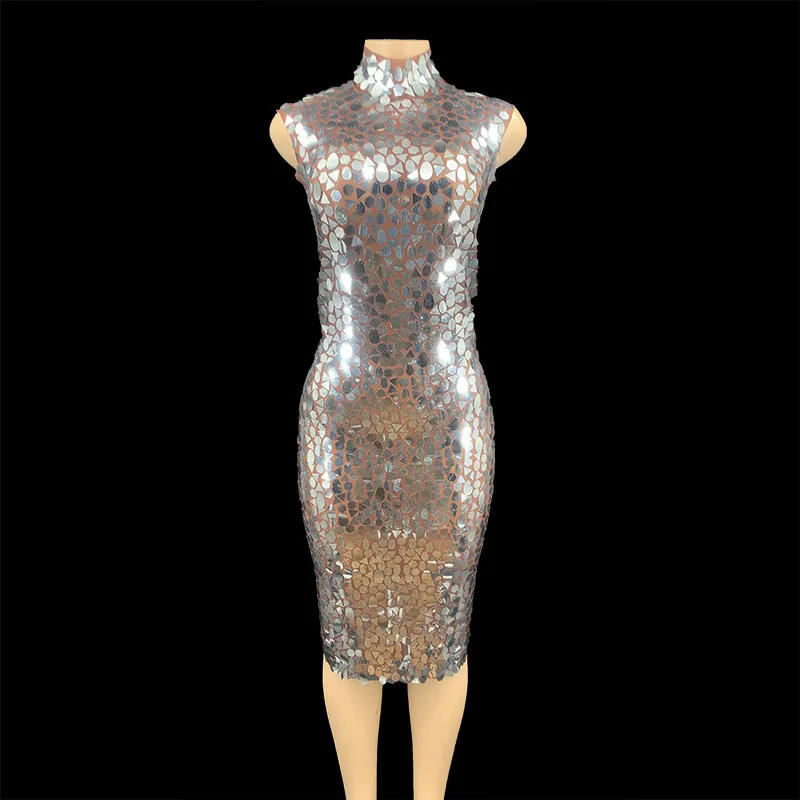 Shining Silver Sequins See Through Dress Birthday Celebrate Perspective Stretch Dress Stage Costume Dance Outfit