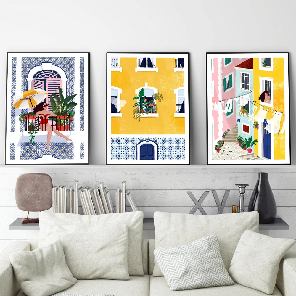 Lisbon Plant Girl Illustration Canvas Painting Wall Art Architecture Cat Woman Posters Prints Gift Travel Pictures Home Decor