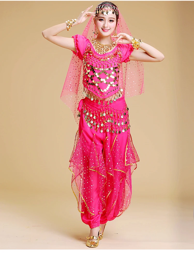 Kostium do tańca brzucha dla dorosłych, krótkie rękawy, szyfonowy strój z monetami dla kobiet, orientalne indyjskie kostiumy taneczne, strój do tańca brzucha na scenę.