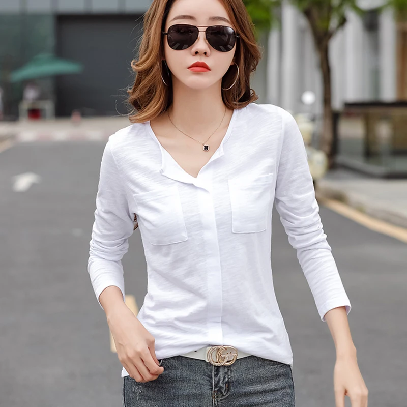 

Shintimes Pockets T Shirt Women V-Neck Patchwork New Korean Clothing Long Sleeve Top 2022 Autumn Cotton T-Shirt Tee Shirt Femme