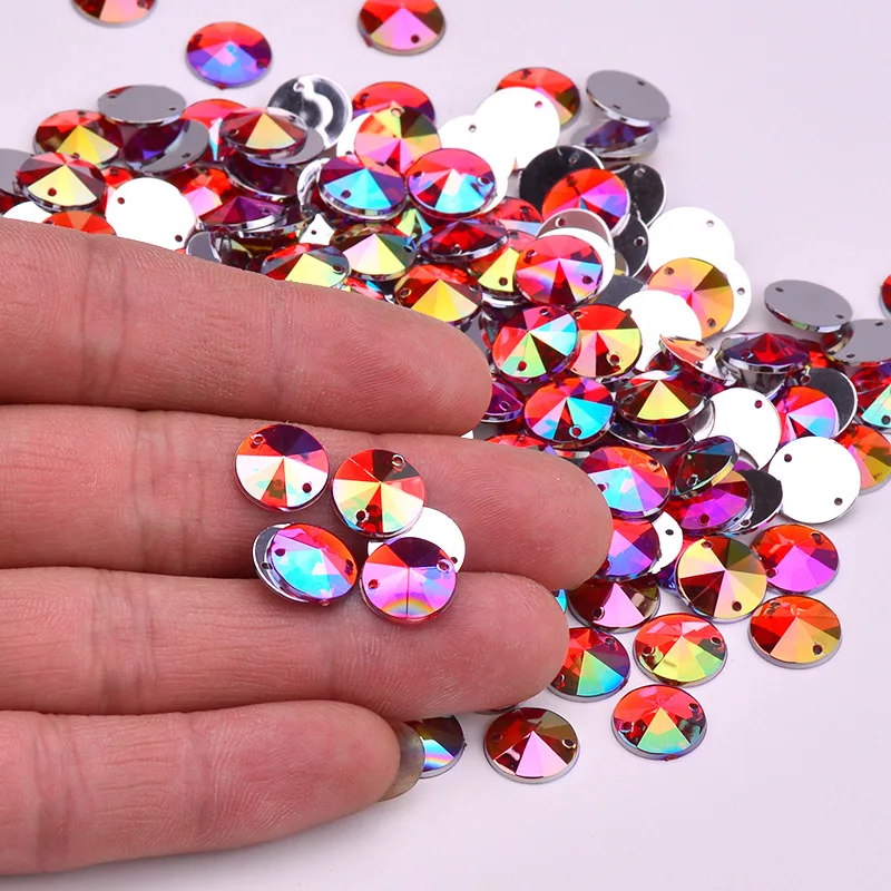 JUNAO 500pc 10mm Purple AB Flat Back Sewing Rhinestone Sew On Rivoli Strass Button Round Crystal Stone with Hole for Needlework