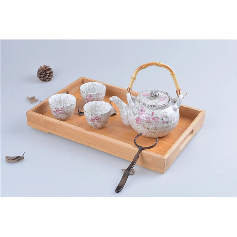 Japan Zakka Style Ceramic Teapot Cup Sets With Bamboo Handgrip 1 Teapot 750ML 5 Cups 100ML Small Pink Floral Printed Under Glaze