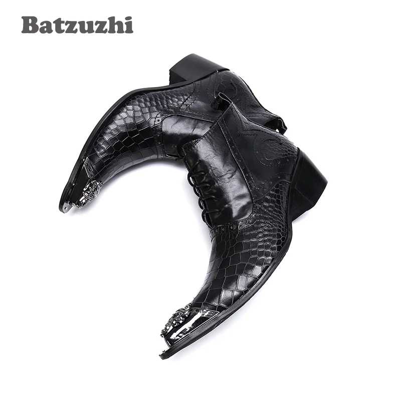 

Batzuzhi Men Ankle Boots High Top Lace Up 6.5cm Heels Dress Shoes Black Genuine Leather Boots Footwear, Big Sizes 38-46