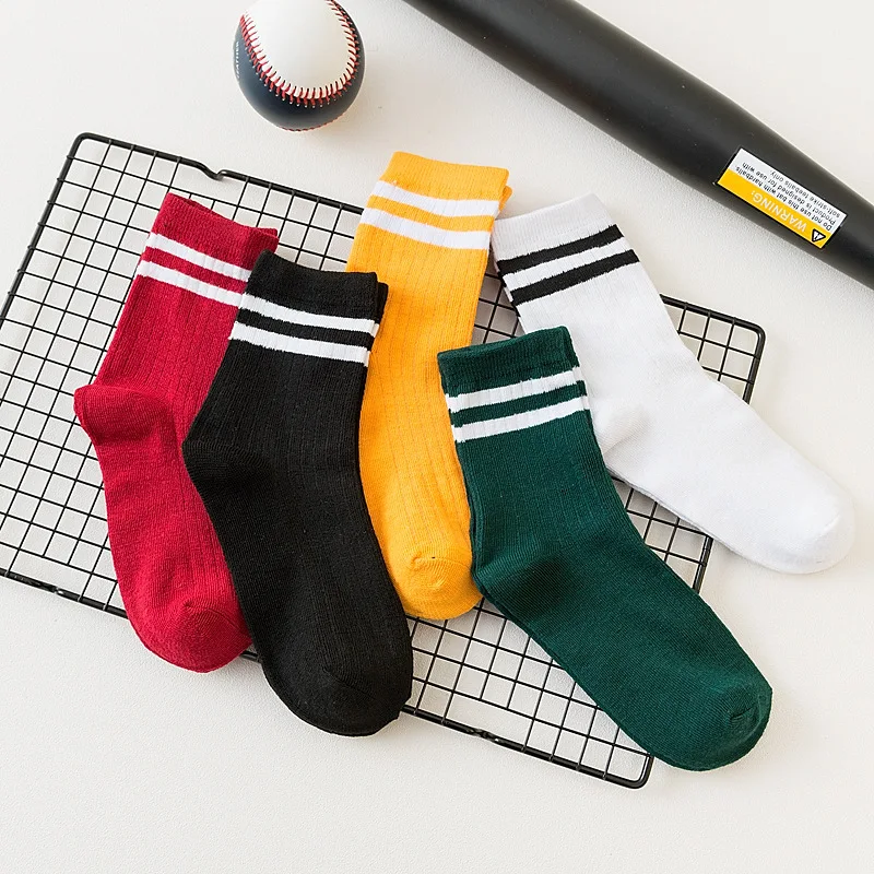 5 Pairs Fashion Women Socks Set 2 Bar Stripes Middle Tube Breathable Sports Long School Socks Pack Calcetines Skarpetki Damskie