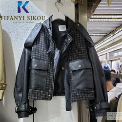 2020 herbst Frauen Schwarz Leder Jacke Zipper Kurze Biker Mantel Große Tasche Mode Gespleißt PU Jacken Lose Bomber Jacke Weibliche