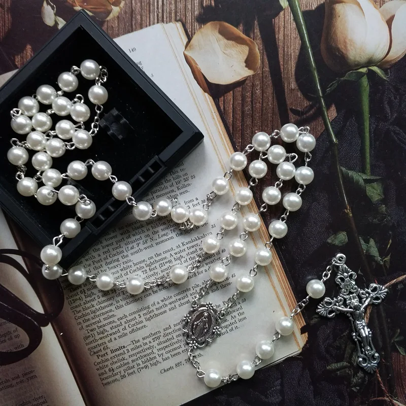 White Meditation Beaded Chain Religious Prayer Our Lady Medalla Milagrosa Rosary Necklace Crucifix Cross Chaplet Jewelry Gifts