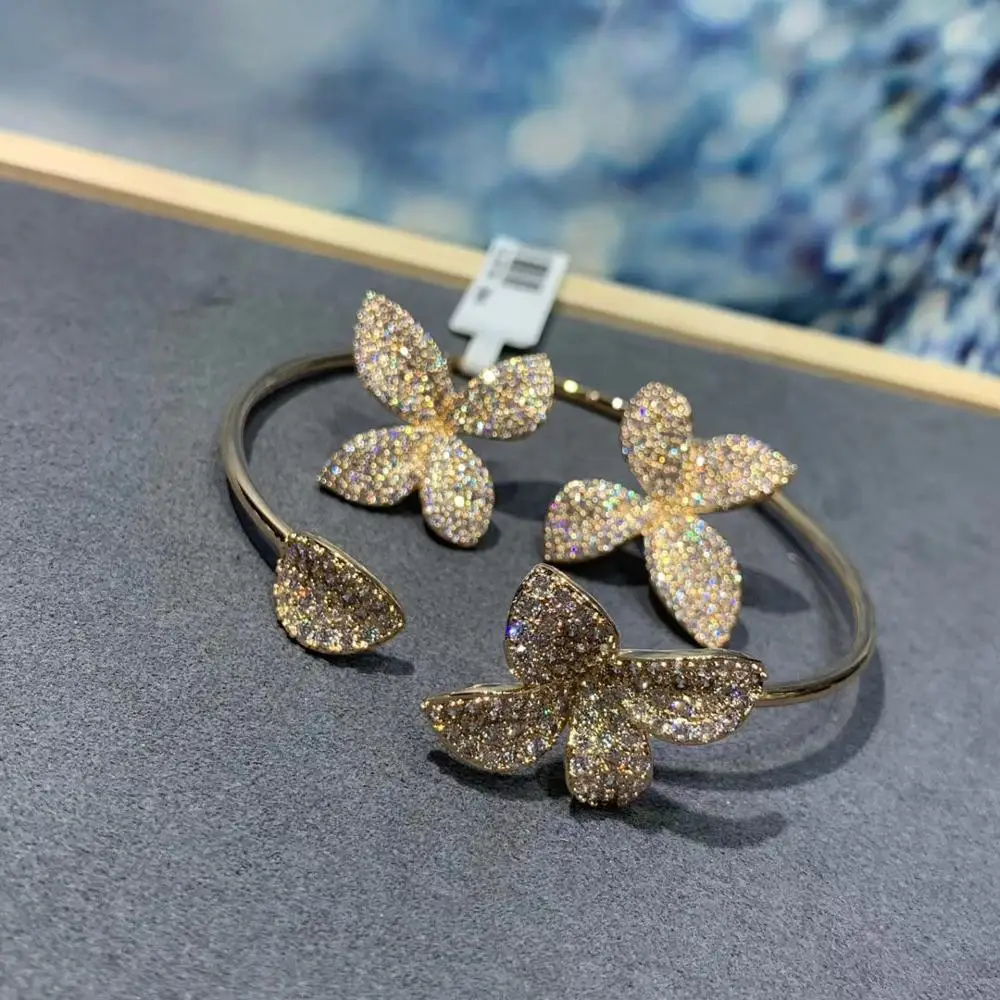 Trendy Spring Butterfly Bangle Earring Set For Women Wedding Party CZ Cubic Zirconia Earring High-End Jewelry S0704