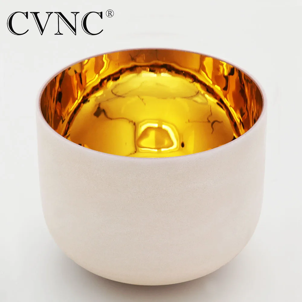 CVNC 11 Inch Perfect Pitch Gold  Frosted Quartz Crystal Singing Bowl CDEFGAB Note for Sound Healing Meditation with Mallet