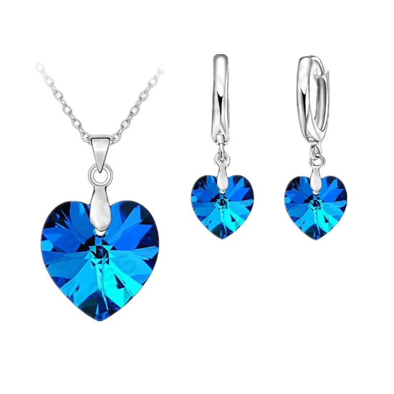 Austrian Crystal 925 Sterling Silver  Jewelry Heart Pendant Necklaces Lever Back Earrings Woman Accessories Gift