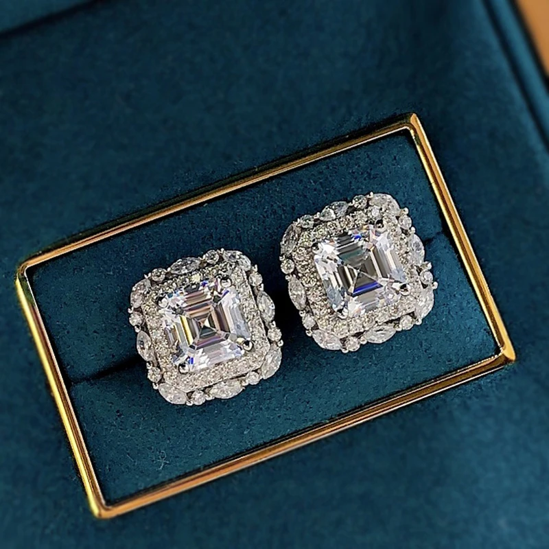 OEVAS 100% Sterling Silver 7*7mm High Carbon Diamond Pagoda Stud Earrings For Women Sparkling Wedding Party Fine Jewelry Gift