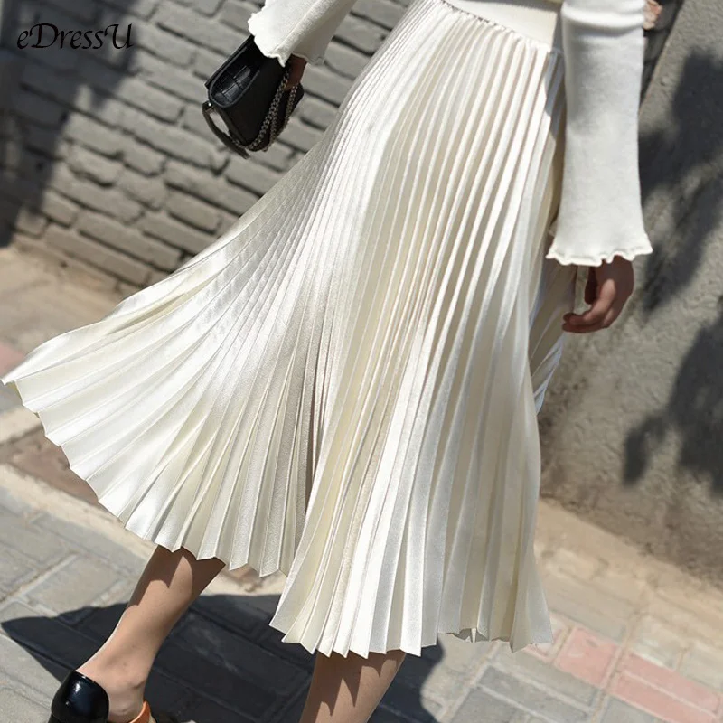 eDressU 11 Colors Pleated Skirt Midi Long Silk Satin Vintage High Quality Elegant Beige Bottom Skirt LS-9852