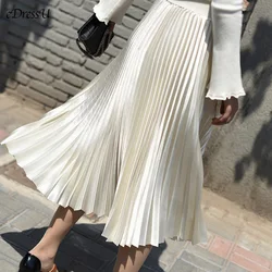 eDressU 11 Colors Pleated Skirt Midi Long Silk Satin Vintage High Quality Elegant Beige Bottom Skirt LS-9852