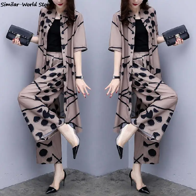 New Spring Summer Fashion 2 Piece Set Women Long Cardigan Blouse And Wide Leg Pant Sets  Elegant Chiffon Pants Suits