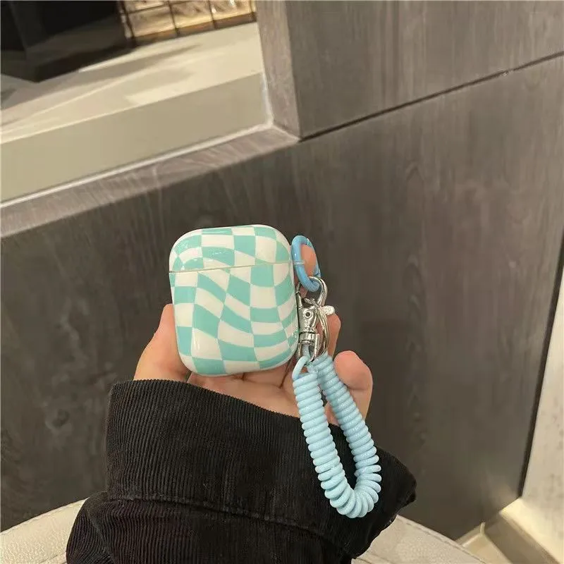 INS New Twisted Checkerboard Earphone Case For Airpods 1 2 Pro 3 Spring Lanyard Keychain Headphone Shockproof Protective Cover