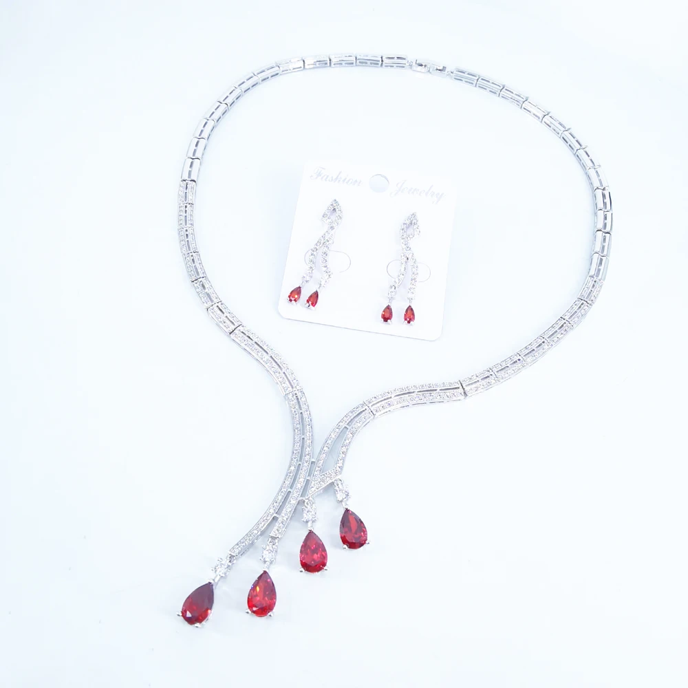 2024 new fashion red crystal water drop CZ zircon wedding bride banquet formal dress necklace earring jewelry set