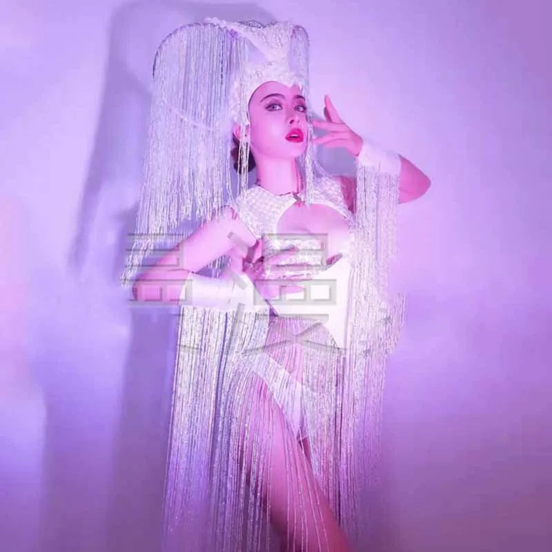 

New White Tassel Sexy Bar Ds Costumes Nightclub Female Singer Stage Catwalk Show Clothes Fringe Headdress Rave Outfits DWY6665